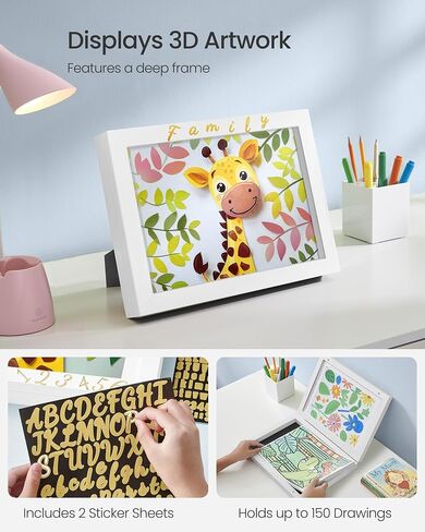 SONGMICS Kids Artwork Frame Changeable, A4, 8.5x11 Art Picture Frame Display for Room Decor, Each Storage up to 150 Drawings, with Mat, Stickers, Non-Trace Nails, MDF, Glass, Ash Black in Saudi Arabia