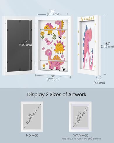 SONGMICS Kids Artwork Frame Changeable, A4, 8.5x11 Art Picture Frame Display for Room Decor, Each Storage up to 150 Drawings, with Mat, Stickers, Non-Trace Nails, MDF, Glass, Ash Black in Saudi Arabia