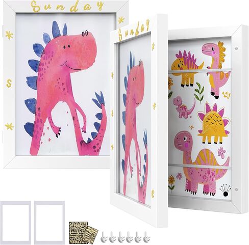 SONGMICS Kids Artwork Frame Changeable, A4, 8.5x11 Art Picture Frame Display for Room Decor, Each Storage up to 150 Drawings, with Mat, Stickers, Non-Trace Nails, MDF, Glass, Ash Black in Saudi Arabia