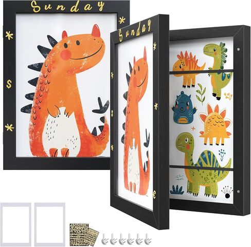 SONGMICS Kids Artwork Frame Changeable, A4, 8.5x11 Art Picture Frame Display for Room Decor, Each Storage up to 150 Drawings, with Mat, Stickers, Non-Trace Nails, MDF, Glass, Ash Black in Saudi Arabia