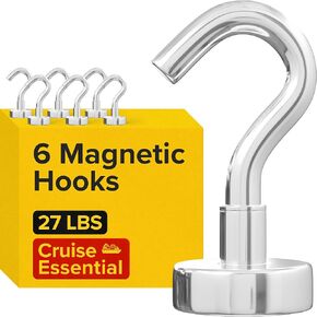 X-Bet Magnetic Hooks 27 LBS - Heavy Duty Neodymium Magnetic Hooks for Cruise Cabins - Strong Rare Earth Magnet Hooks for Hanging on Refrigerator, Grill, Cruise Cabin (Pack of 6)
