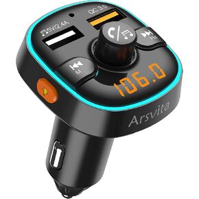 Upgraded Arsvita Bluetooth FM Transmitter for Car, Radio Receiver/Audio Adapter with Dual Car Charger, Support QC3.0 Quick Charging, Hands-Free Calling and Hi-Fi Sound Playback, Orange