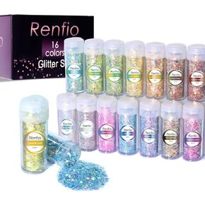 Renfio Opal Chunky Glitter, 16 Colors Dreamy Amber Resin Glitter Set Each 10g/0.35oz Glitter for Crafts Holographic Fine Glitter Mix Iridescent Glitters Flake for Snow Globe Tumbler Nail Art DIY