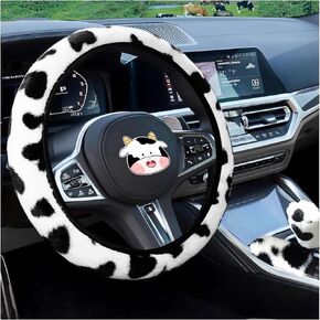 SuperKaKa 3PCS Furry Cow Print Steering Wheel Cover,Auto Fluffy Cute Cows Shift Gear & Hand Brake Covers Soft Warm Universal Car Interior Accessories for Women Men(Black) in Kuwait