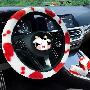 SuperKaKa 3PCS Furry Cow Print Steering Wheel Cover,Auto Fluffy Cute Cows Shift Gear & Hand Brake Covers Soft Warm Universal Car Interior Accessories for Women Men(Black)