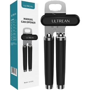Ultrean Manual Can Opener Bottle Opener,Heavy Duty Stainless Steel Smooth Edge Manual Hand Held Can Opener With Soft Touch Handle, Rust Proof Oversized Handheld Easy Turn Knob (Black)