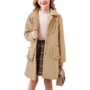 Haloumoning Girls Ruffle Dress Coats Winter Lapel Single Breasted Jackets Outerwear with Pockets 5-14 Years
