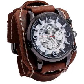 MINILUJIA Handmade Men Watches Vintage Punk Hip-hop Gothic Wide PU Leather Fashion Cuff Round Dial Quartz Wristwatch Big Dial Black Brown in Kuwait