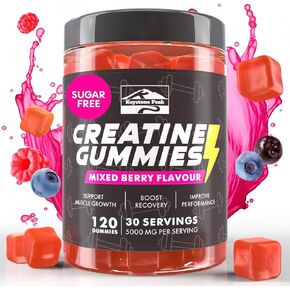 Creatine Monohydrate Gummies for Men & Women, 100% Creatine Mixed Berry Gummies, 5g per Serving + Vegan, Sugar Free, Mixed Berry + Strength, Energy, Muscle & Booty Gain - 120 Count