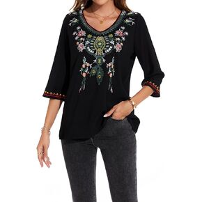MINTLIMIT Women's 3/4 Sleeve Mexican Shirts Embroidered Tops Floral Boho Peasant Blouse Ethnic Style Casual Loose Tunics