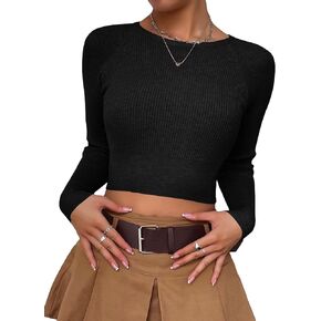 MakeMeChic Women's Solid Casual Slim Fit Long Sleeve Rib Knit Crewneck Crop Top Basic Tee Shirt