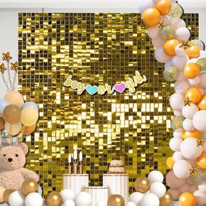 Gold Shimmer Wall Backdrop -24pcs Square Sequin Panels for Party Wedding Birthday Disco Backdrop Decorations or Photo Backgrounds Interior Decoration