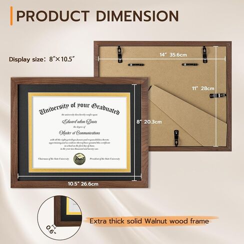 Fun Memories 11x14 Diploma Frame, 100% Solid Walnut Wood Certificate Picture Frame with High Definition Glass, Document Frame for Wall and Tabletop, Blue Mat in Kuwait