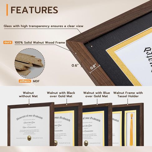 Fun Memories 11x14 Diploma Frame, 100% Solid Walnut Wood Certificate Picture Frame with High Definition Glass, Document Frame for Wall and Tabletop, Blue Mat in Kuwait