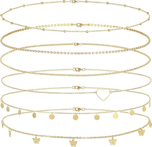Akeoqi 6 قطع سلاسل خصر مطلية بالذهب عيار 18 قيراط خرز تشيكوسلوفاكيا لؤلؤ ترتر فراشة قلب سلسلة بطن صيفية للشاطئ بيكيني سلاسل الجسم مجموعة مجوهرات مثيرة للنساء قابلة للتعديل (29.5 بوصة + 7.8 بوصة) in Kuwait