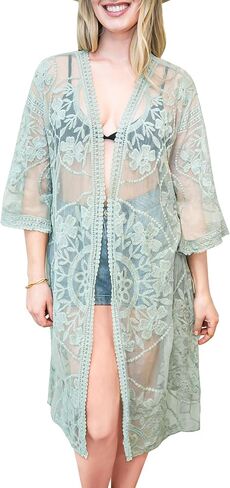 Anna-Kaci Women's Embroidered Lace Floral Kimono 3/4 Sleeve Loose Long Cover Up Cardigan in Saudi Arabia