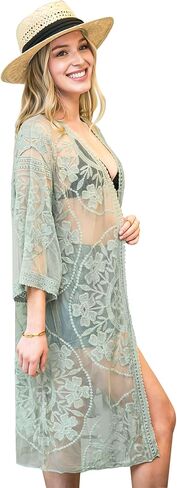 Anna-Kaci Women's Embroidered Lace Floral Kimono 3/4 Sleeve Loose Long Cover Up Cardigan in Saudi Arabia