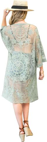Anna-Kaci Women's Embroidered Lace Floral Kimono 3/4 Sleeve Loose Long Cover Up Cardigan in Saudi Arabia
