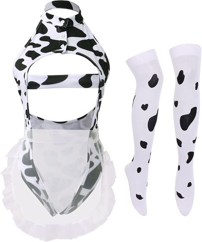 IBTOM CASTLE Sexy Cow Milk Leopard Cosplay Costume Kawaii Outfit Anime Lolita Mini Bikini Bra Lingerie Set for Women Teddy Japanese Halter Bodysuit Underwear Babydoll Nightwear White & Anime in Saudi Arabia
