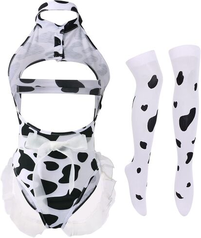 IBTOM CASTLE Sexy Cow Milk Leopard Cosplay Costume Kawaii Outfit Anime Lolita Mini Bikini Bra Lingerie Set for Women Teddy Japanese Halter Bodysuit Underwear Babydoll Nightwear White & Anime in Saudi Arabia