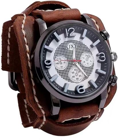 MINILUJIA Handmade Men Watches Vintage Punk Hip-hop Gothic Wide PU Leather Fashion Cuff Round Dial Quartz Wristwatch Big Dial Black Brown in Saudi Arabia