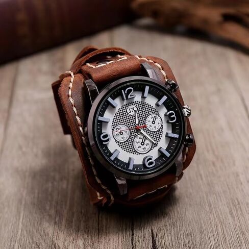 MINILUJIA Handmade Men Watches Vintage Punk Hip-hop Gothic Wide PU Leather Fashion Cuff Round Dial Quartz Wristwatch Big Dial Black Brown in Saudi Arabia