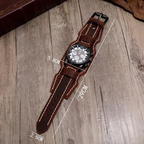 MINILUJIA Handmade Men Watches Vintage Punk Hip-hop Gothic Wide PU Leather Fashion Cuff Round Dial Quartz Wristwatch Big Dial Black Brown in Saudi Arabia