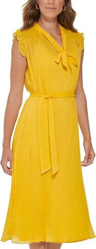 DKNY Women's Short Sleeve Tie Neck Pleated Midi Dress in Saudi Arabia