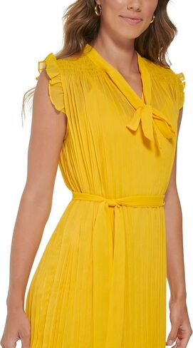 DKNY Women's Short Sleeve Tie Neck Pleated Midi Dress in Saudi Arabia