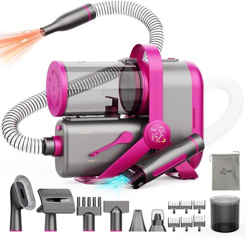 XiaZ Dog Grooming Kit Pet Hair Dryer/Vacuum/Nail Clipper/Massage Comb/Nail Grinder/Paw Trimmer All-in-One 15kpa Blow/Suck Trim Clean Pet's Hair 2L Cup/10 Grooming Tools Low-Noise for Dogs Cats-Red in Kuwait