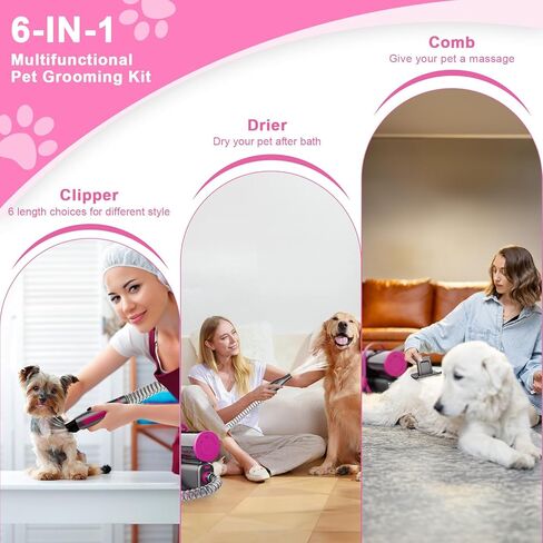 XiaZ Dog Grooming Kit Pet Hair Dryer/Vacuum/Nail Clipper/Massage Comb/Nail Grinder/Paw Trimmer All-in-One 15kpa Blow/Suck Trim Clean Pet's Hair 2L Cup/10 Grooming Tools Low-Noise for Dogs Cats-Red in Kuwait