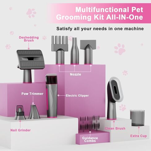 XiaZ Dog Grooming Kit Pet Hair Dryer/Vacuum/Nail Clipper/Massage Comb/Nail Grinder/Paw Trimmer All-in-One 15kpa Blow/Suck Trim Clean Pet's Hair 2L Cup/10 Grooming Tools Low-Noise for Dogs Cats-Red in Kuwait