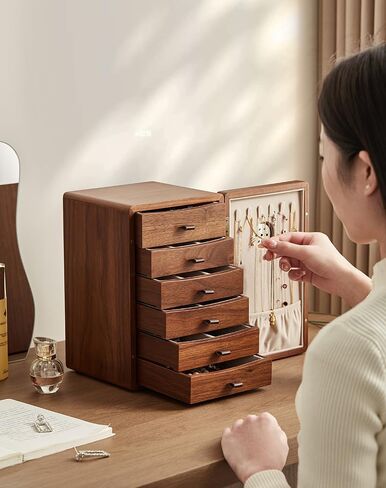 Homruilink Black Walnut Wooden Jewelry Box for Women Classical Solid Wooden 4-Layer Jewelry Organizer Prevent Oxidation Necklace Storage Layer Watch Necklace Ring Earring Gifts in Kuwait