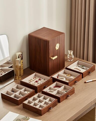 Homruilink Black Walnut Wooden Jewelry Box for Women Classical Solid Wooden 4-Layer Jewelry Organizer Prevent Oxidation Necklace Storage Layer Watch Necklace Ring Earring Gifts in Kuwait