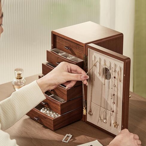 Homruilink Black Walnut Wooden Jewelry Box for Women Classical Solid Wooden 4-Layer Jewelry Organizer Prevent Oxidation Necklace Storage Layer Watch Necklace Ring Earring Gifts in Kuwait