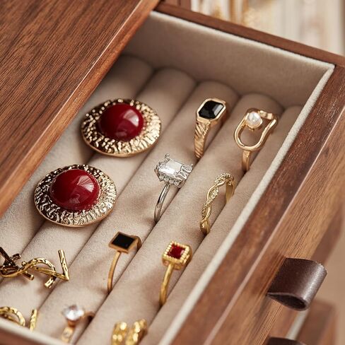 Homruilink Black Walnut Wooden Jewelry Box for Women Classical Solid Wooden 4-Layer Jewelry Organizer Prevent Oxidation Necklace Storage Layer Watch Necklace Ring Earring Gifts in Kuwait