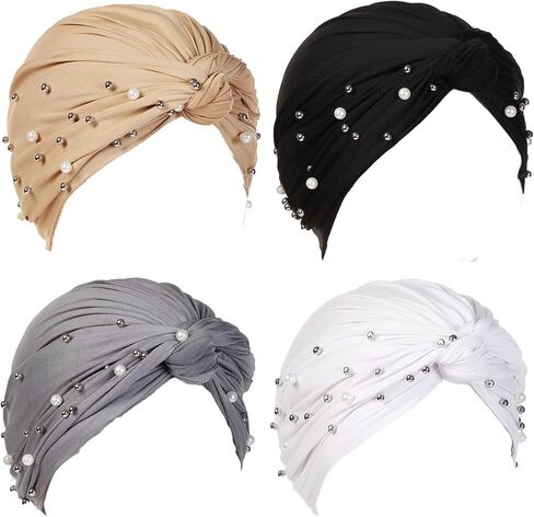 4 Pieces Womens Cross Cotton Pearl Bead Turban Hat Cancer Chemo Beanies Cap Headwrap in Saudi Arabia