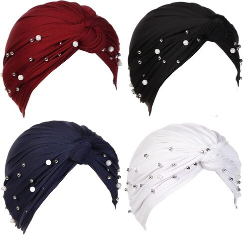 4 Pieces Womens Cross Cotton Pearl Bead Turban Hat Cancer Chemo Beanies Cap Headwrap in Saudi Arabia