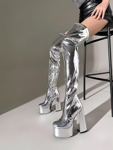 OAOKUSI أحذية فضية للنساء منصة الفخذ أحذية عالية للنساء الفضة منصة التمهيد منصة سوداء فوق أحذية عالية في الركبة جولة اصبع القدم الجانب سستة الفخذ أحذية عالية الفضة 7-13 in Kuwait