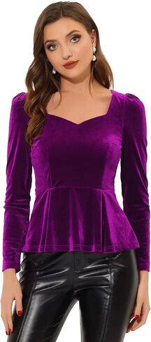 Allegra K Velvet Blouse for Women's Elegant Sweetheart Neck Long Sleeve Peplum Top in Saudi Arabia