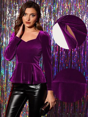 Allegra K Velvet Blouse for Women's Elegant Sweetheart Neck Long Sleeve Peplum Top in Saudi Arabia