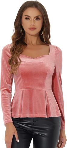 Allegra K Velvet Blouse for Women's Elegant Sweetheart Neck Long Sleeve Peplum Top in Saudi Arabia