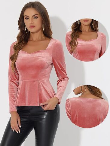 Allegra K Velvet Blouse for Women's Elegant Sweetheart Neck Long Sleeve Peplum Top in Saudi Arabia