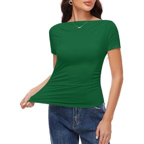 Rapbin Women Summer Basic Tops Fitted Short Sleeve Shirt Off Shoulder Boat Neck T Shirts Tight Casual Tee