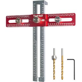 Cabinet Hardware Doweling Jig，Adjustable Cabinet Handle Tool，with Drilling Depth Gauge and Scale Values in Inches and Millimeters for Installing Drawer Handles, Pulls, and Knobs (Red)