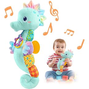 LIGHTDESIRE Baby Toys Musical Seahorse,Infant Stuffed Animal Toys with Crinkle and Rattles,Soft Sensory Toys with Textures for Tummy Time Newborn Boys Girls 0 3 6 12 Months(Blue)