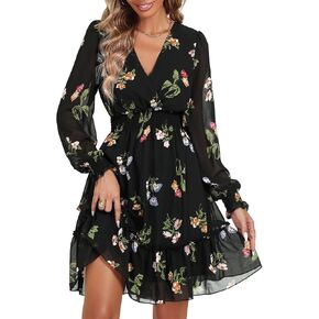 Prettywear Women's Floral Chiffon Long Sleeve Mini Dress Flowy A-Line Wrap Neck Tie Back Short Dress