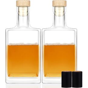 2Pack 25 oz Glass Bottles with Lid 750 ml Clear Empty Glass Bottles with Cork Square Glass Bottles with Heavy Base Glass Bottles with Cap for Liquor Vodka Brandy Whiskey Beer Water Soda