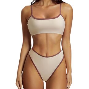 SUUKSESS Women High Waisted 2 Piece Bikini Set Cheeky High Cut Bandeau Swimsuit