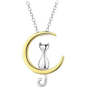Cat on the Moon Pendant Necklace for Men Women Boys Girls Gold Silver Plated Dainty Charm Cresent Kitten Animal Hypoallergenic Clavicular Chain Necklace for Minimalist Birthday Mother's Day Christmas Jewelry Gifts